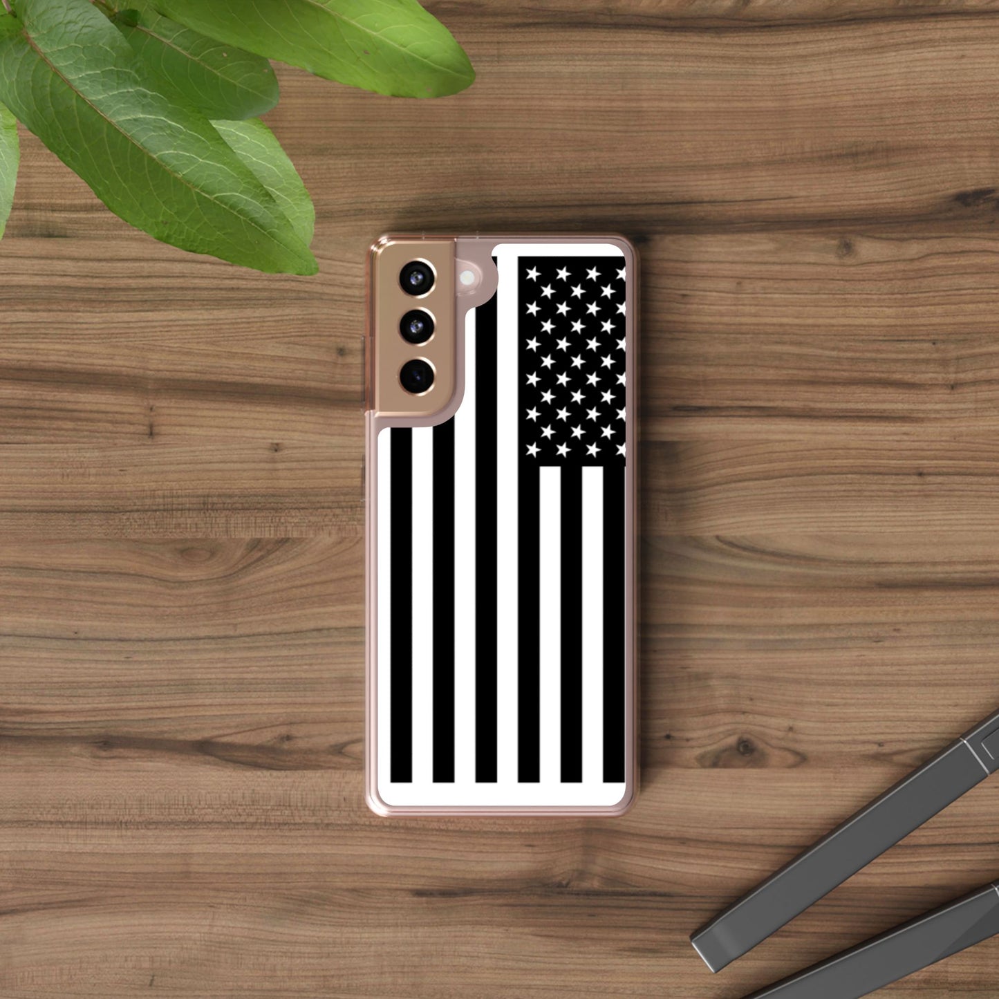 Patriotic Clear Phone Case - Black and White American Flag Design