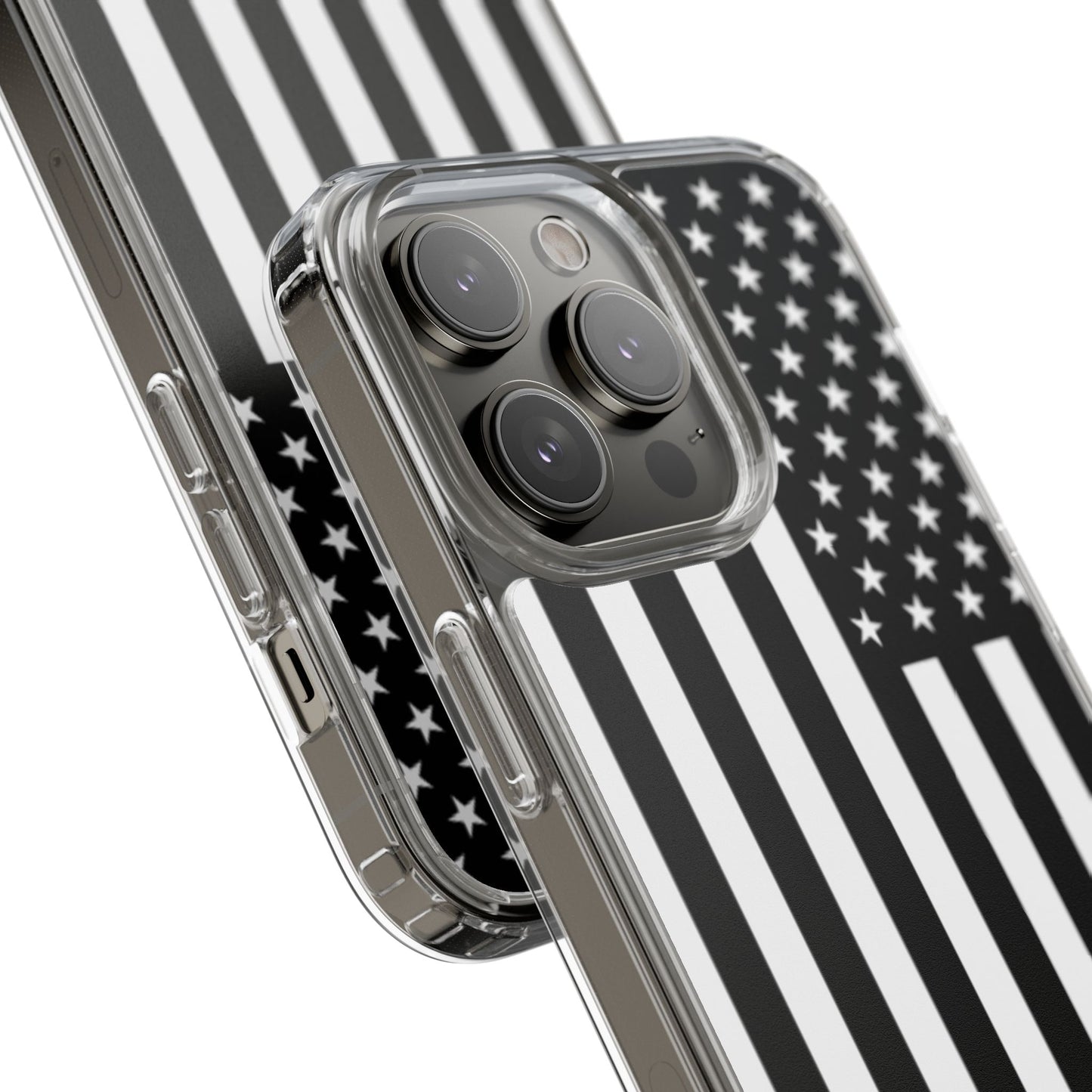 Patriotic Clear Phone Case - Black and White American Flag Design