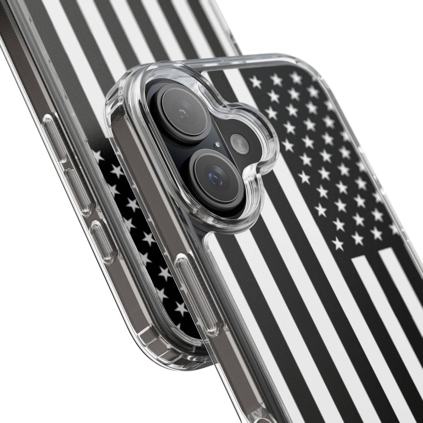 Patriotic Clear Phone Case - Black and White American Flag Design