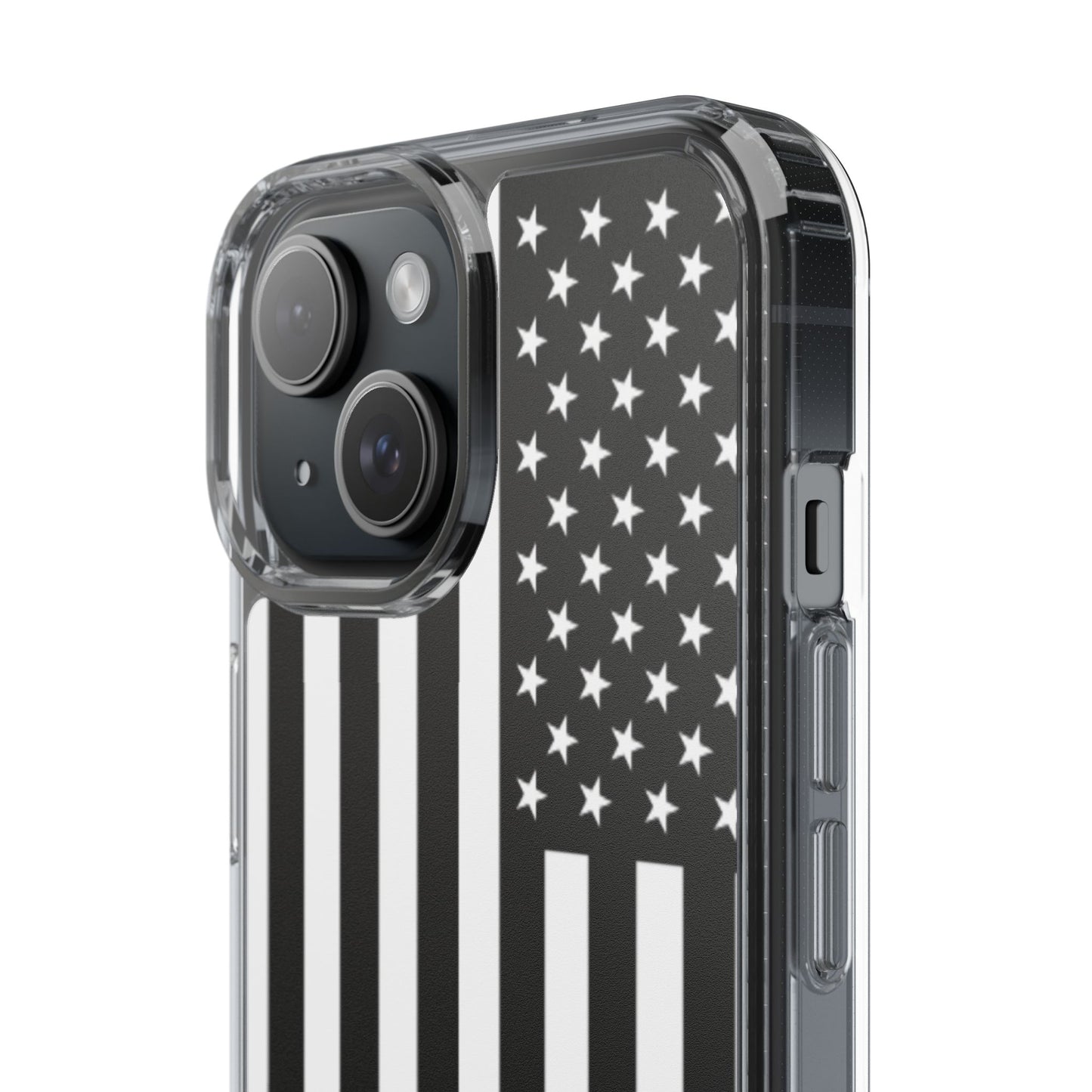 Patriotic Clear Phone Case - Black and White American Flag Design