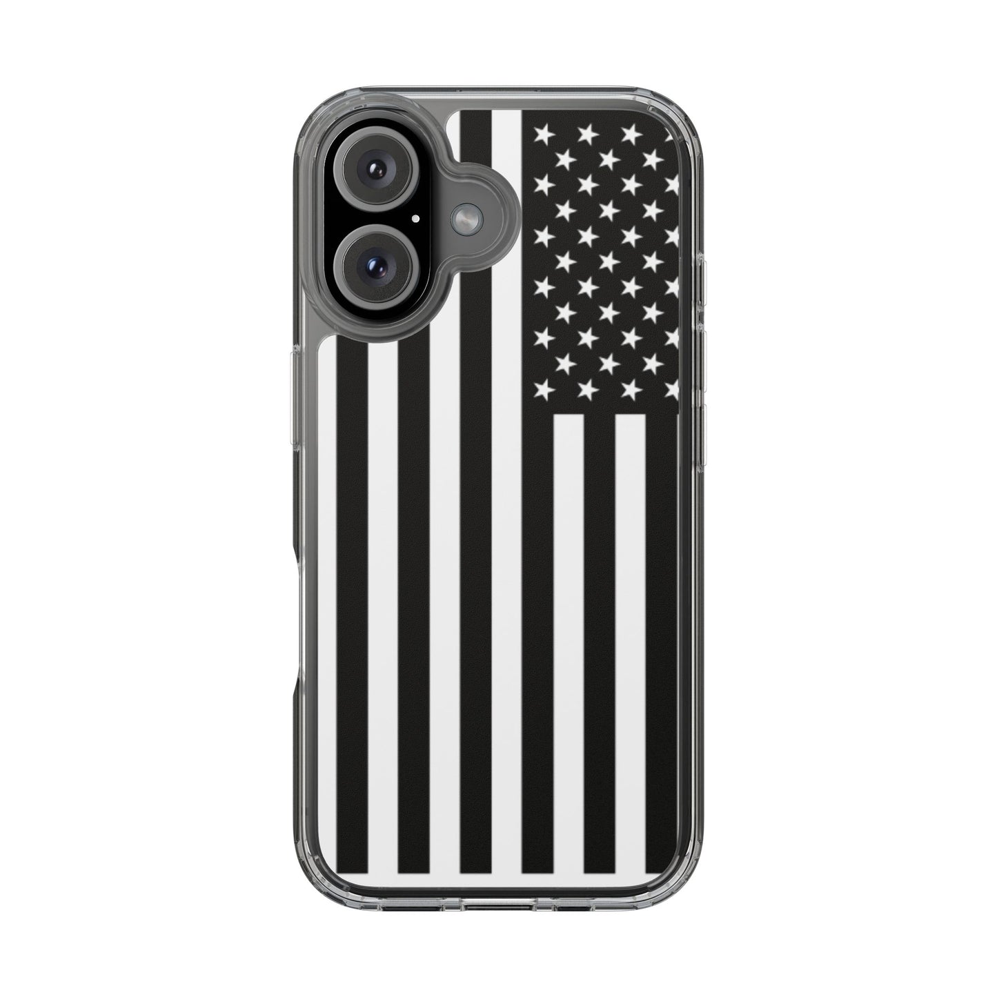 Patriotic Clear Phone Case - Black and White American Flag Design