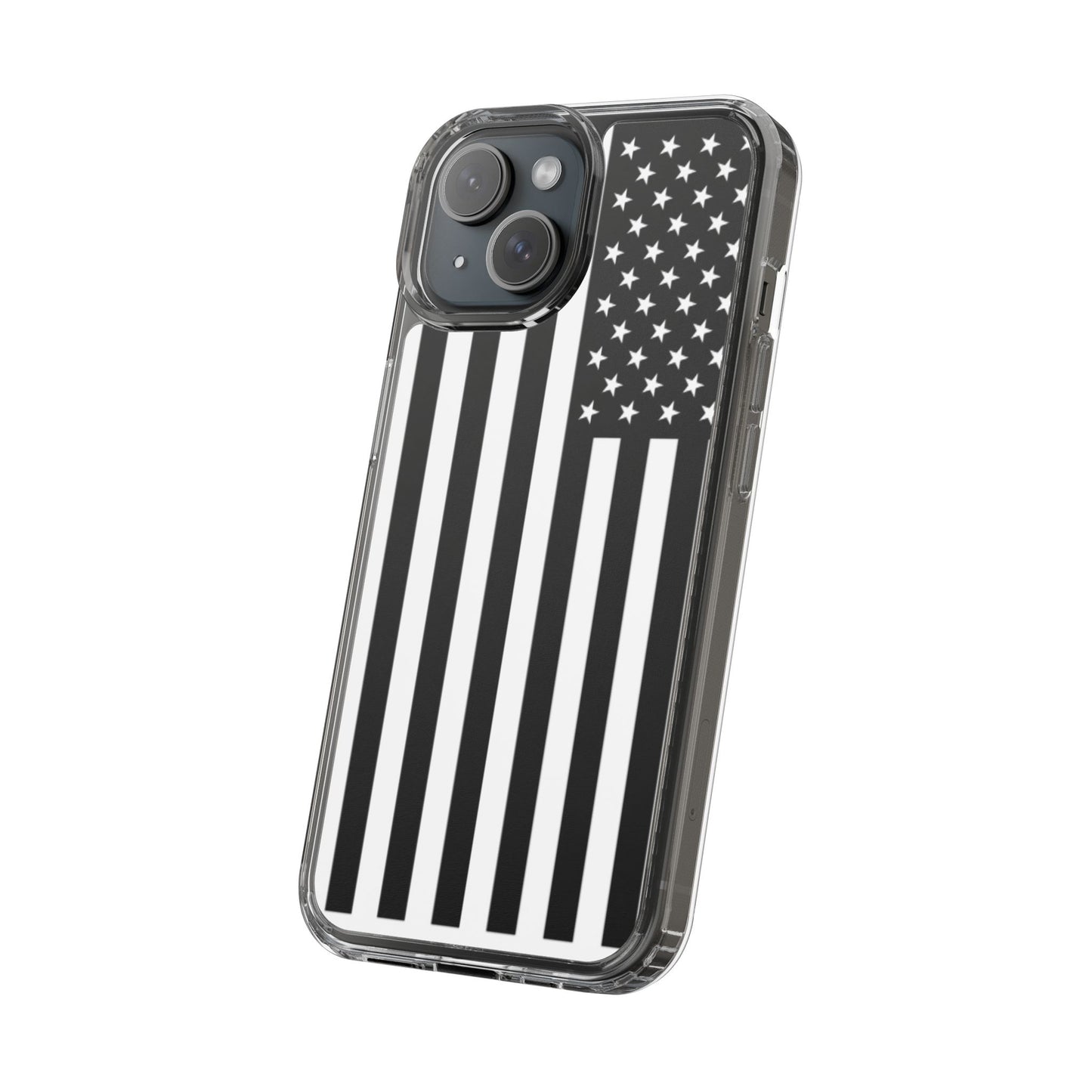 Patriotic Clear Phone Case - Black and White American Flag Design