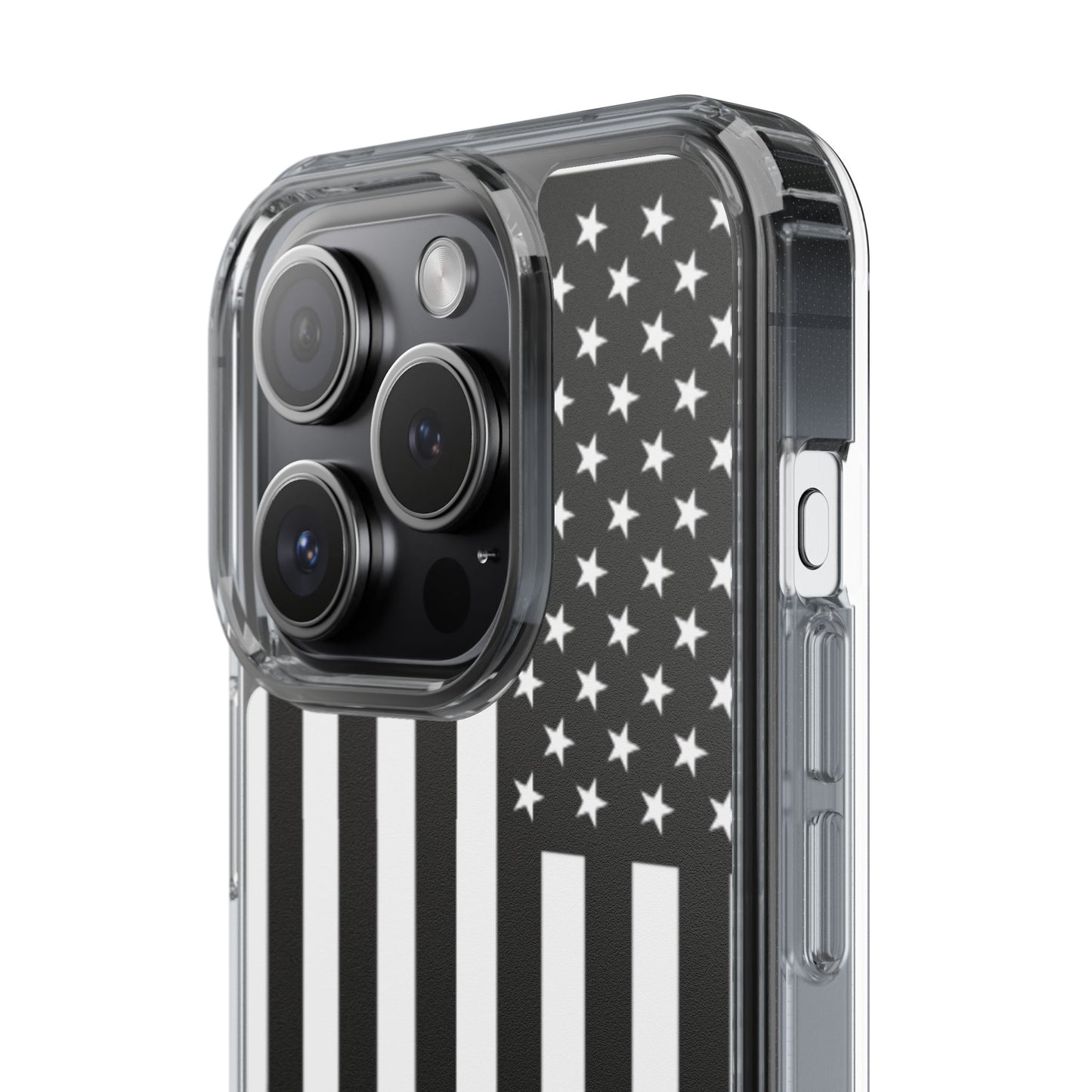 Patriotic Clear Phone Case - Black and White American Flag Design