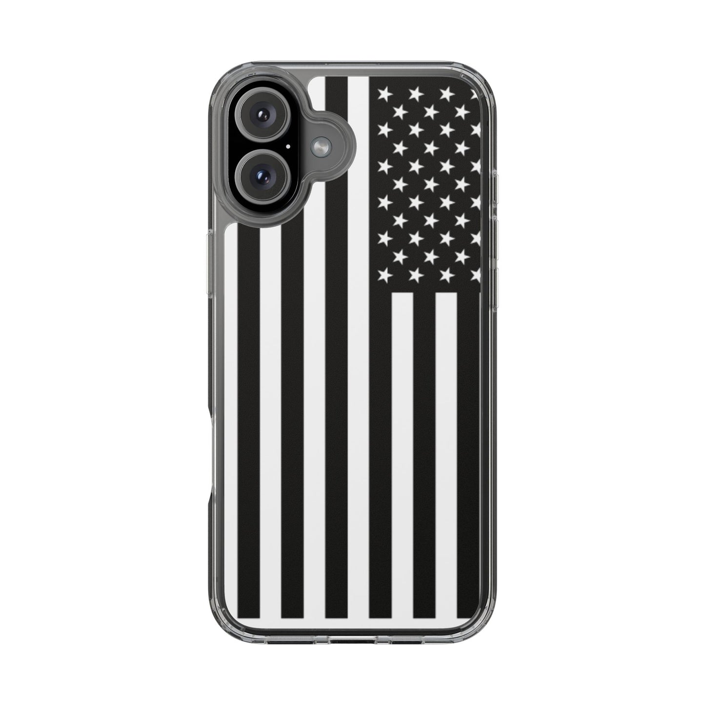 Patriotic Clear Phone Case - Black and White American Flag Design