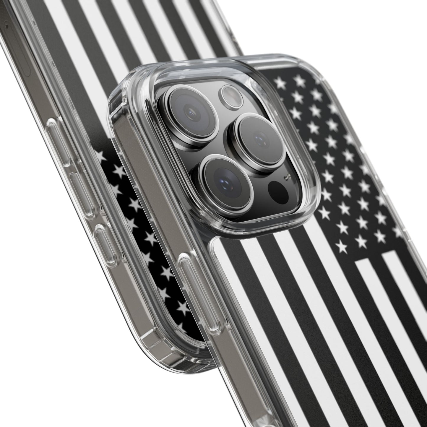 Patriotic Clear Phone Case - Black and White American Flag Design