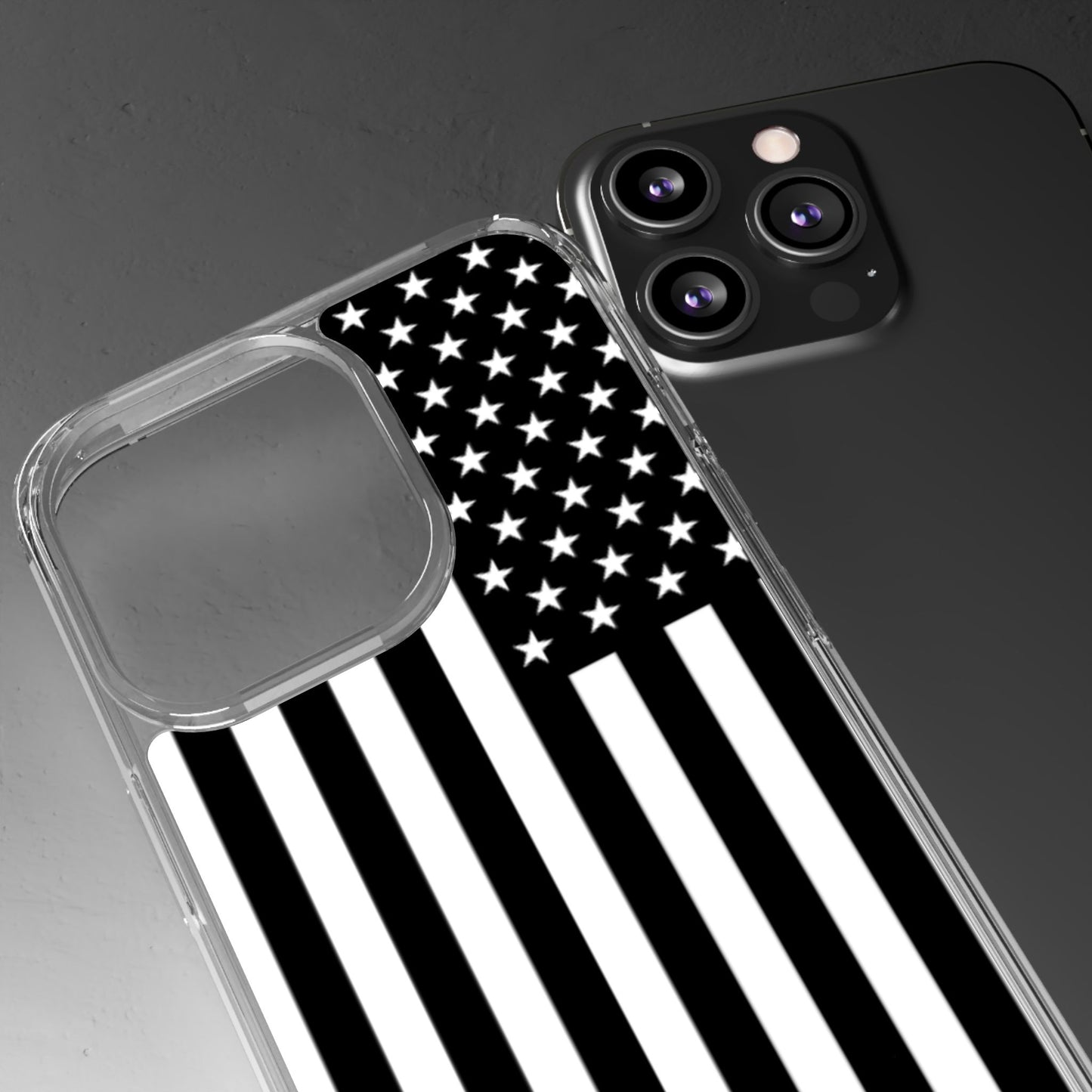 Patriotic Clear Phone Case - Black and White American Flag Design