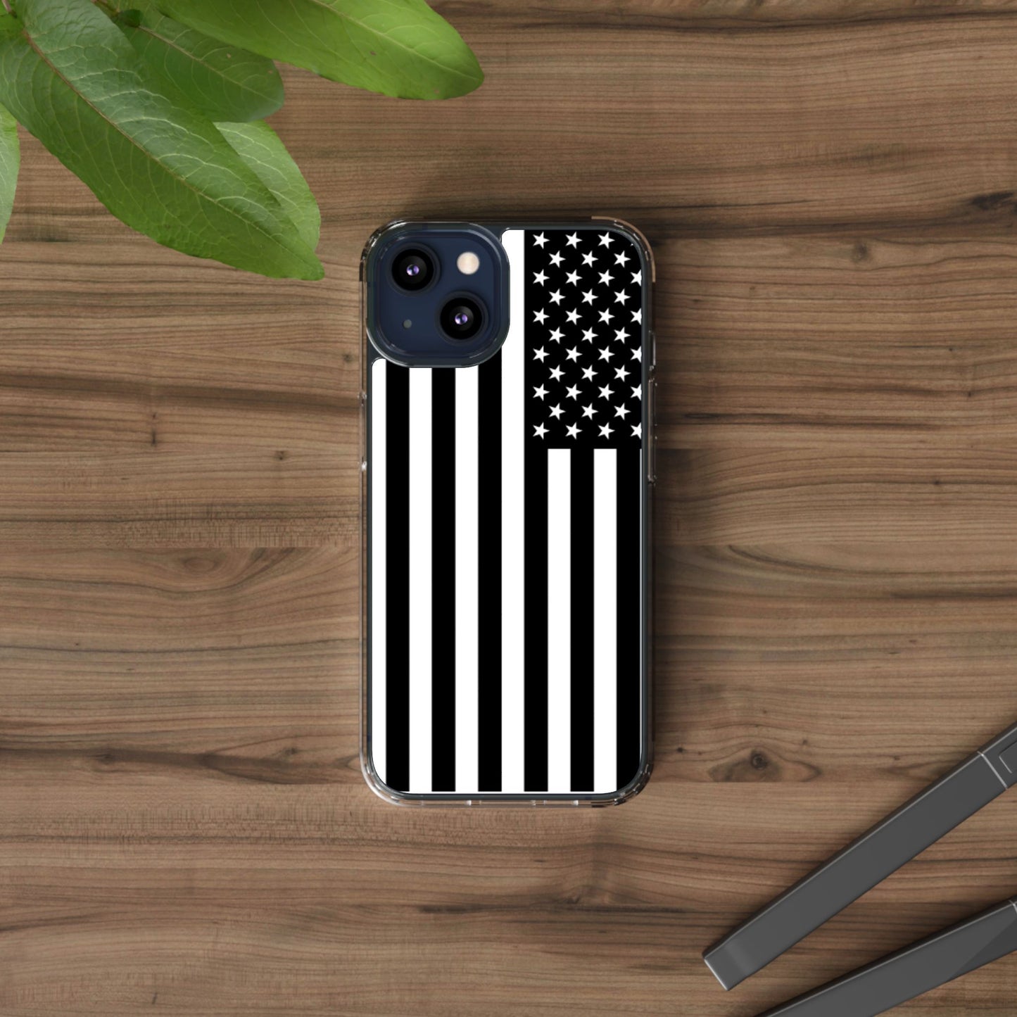 Patriotic Clear Phone Case - Black and White American Flag Design