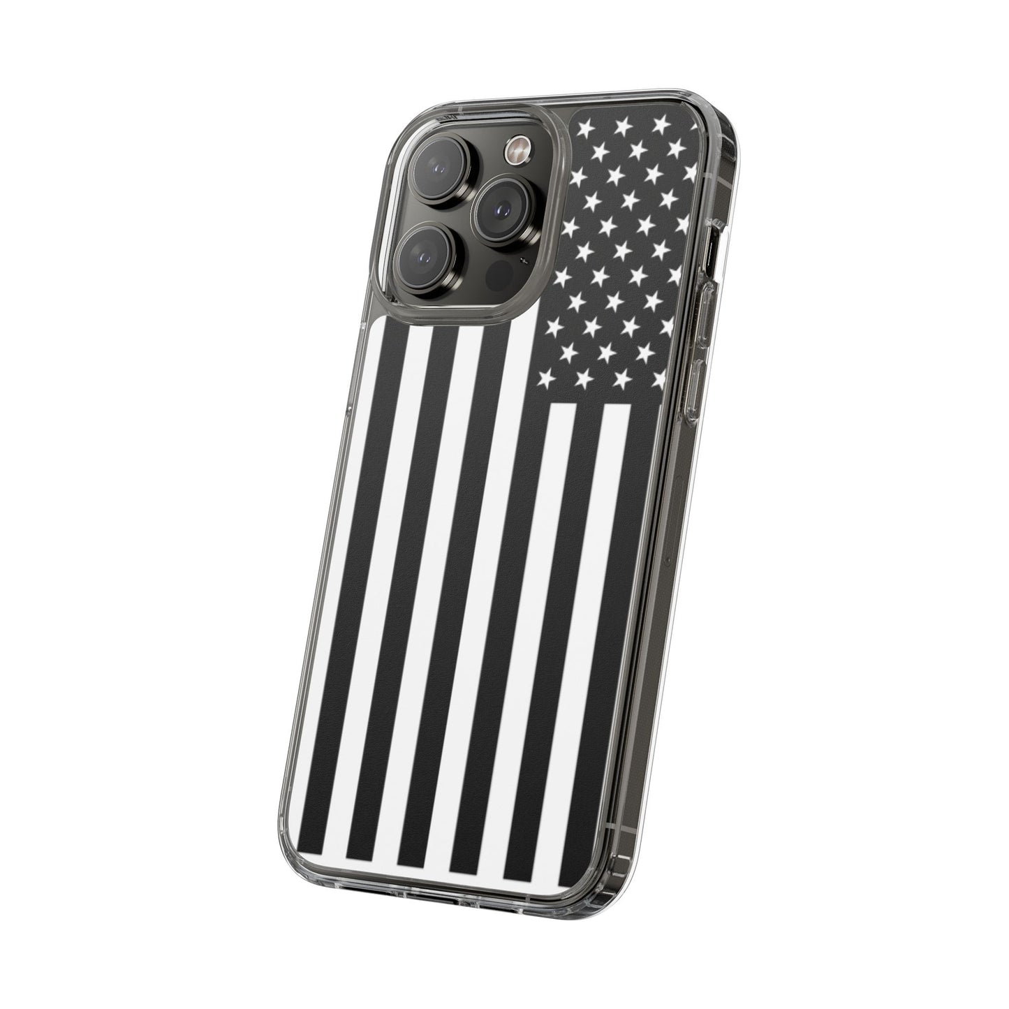 Patriotic Clear Phone Case - Black and White American Flag Design