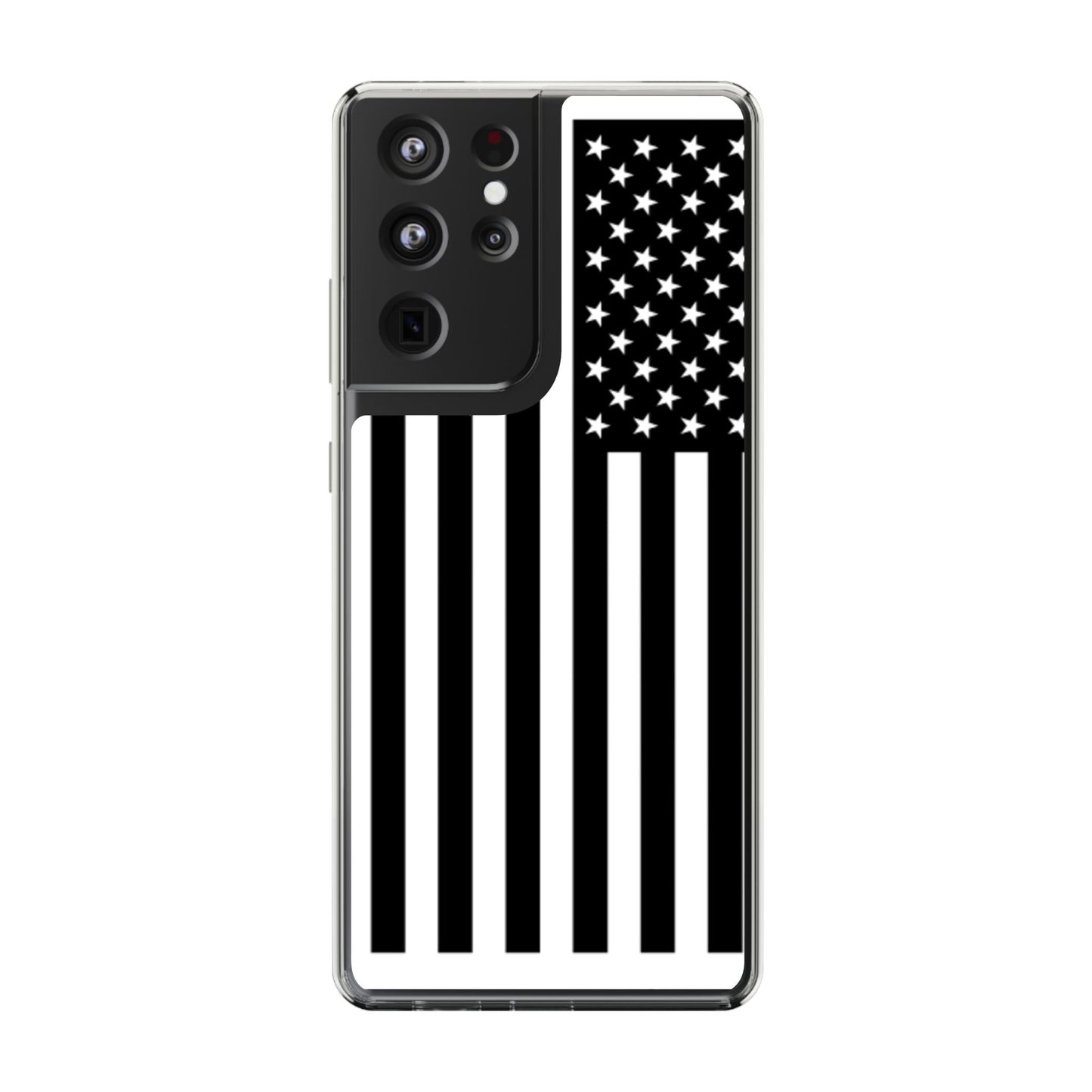 Patriotic Clear Phone Case - Black and White American Flag Design