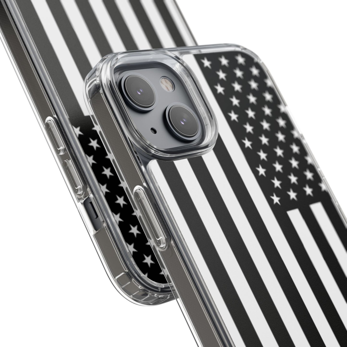 Patriotic Clear Phone Case - Black and White American Flag Design
