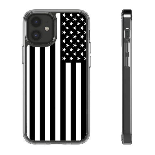 Patriotic Clear Phone Case - Black and White American Flag Design