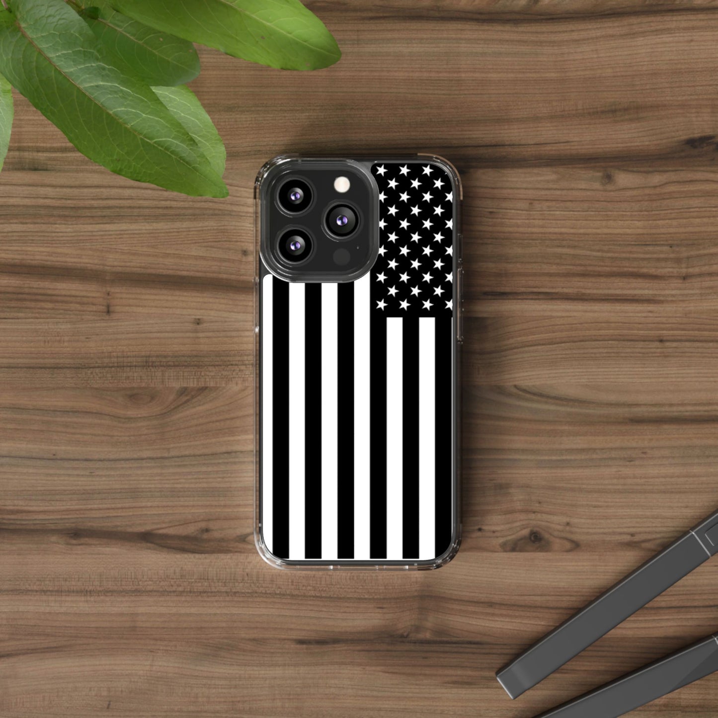 Patriotic Clear Phone Case - Black and White American Flag Design