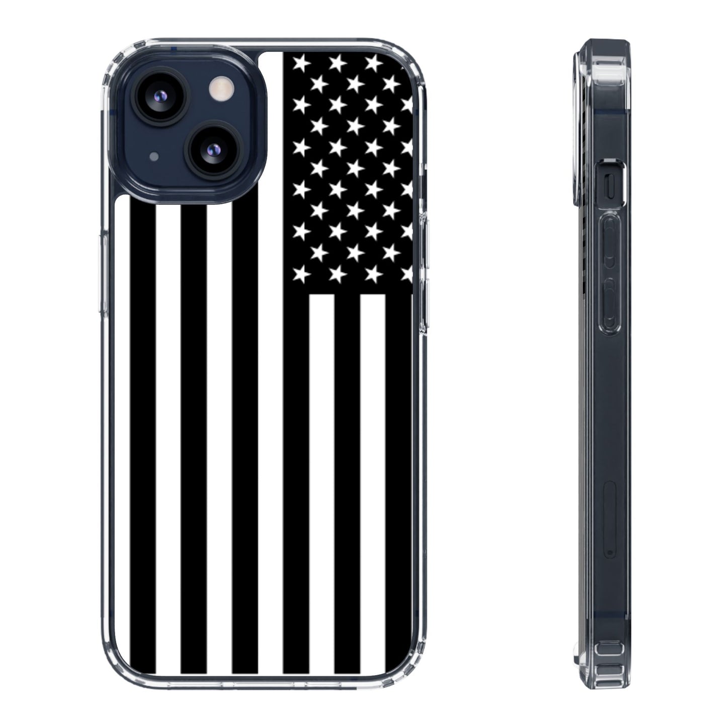 Patriotic Clear Phone Case - Black and White American Flag Design