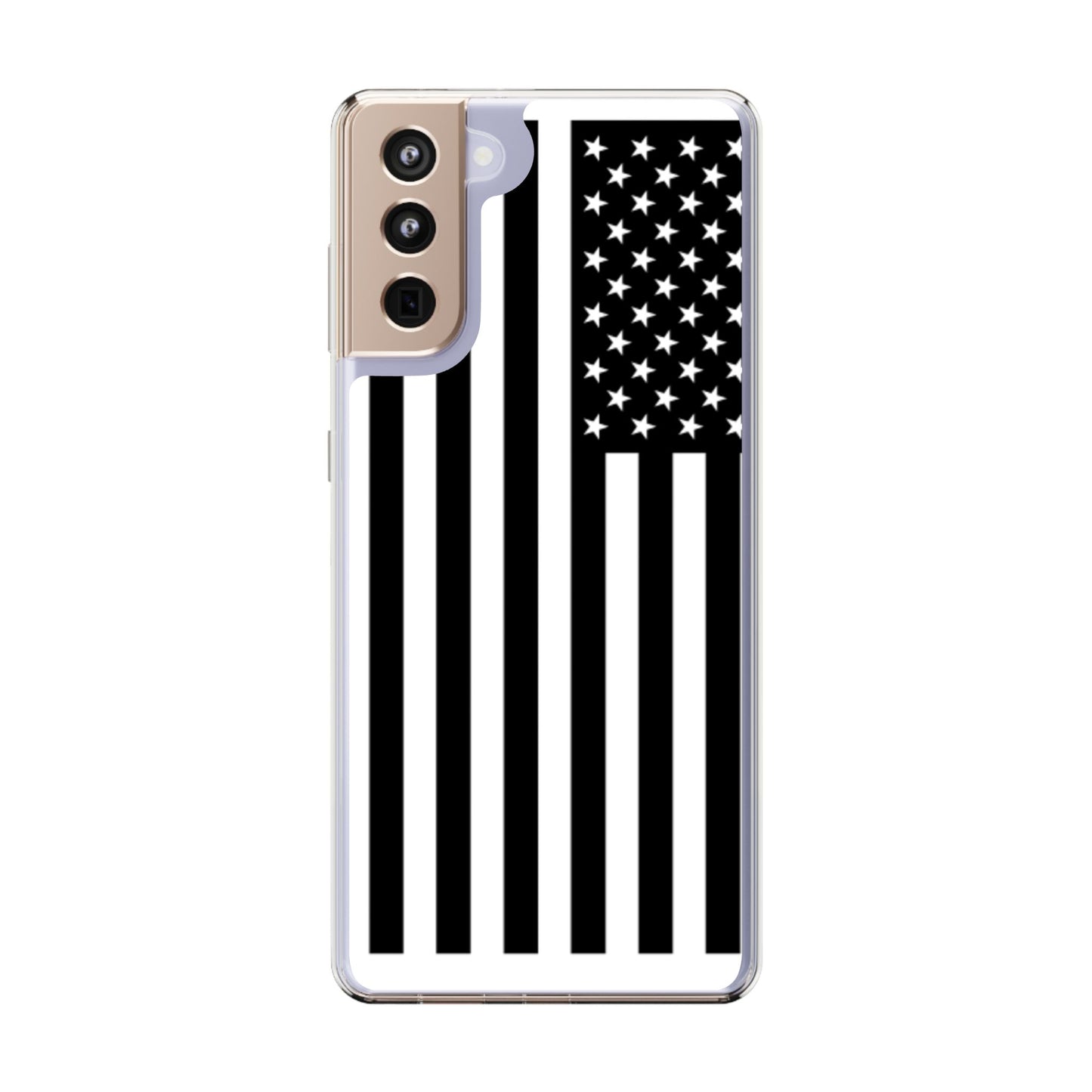 Patriotic Clear Phone Case - Black and White American Flag Design