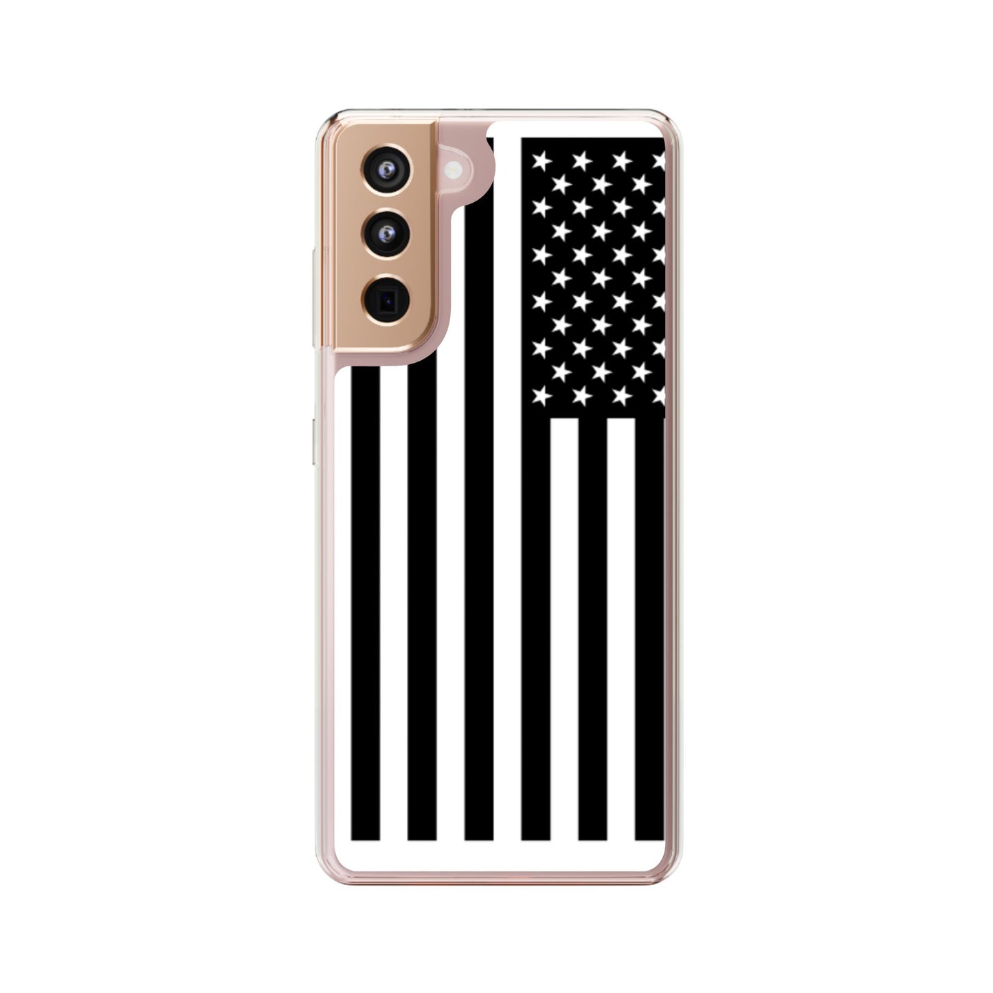 Patriotic Clear Phone Case - Black and White American Flag Design